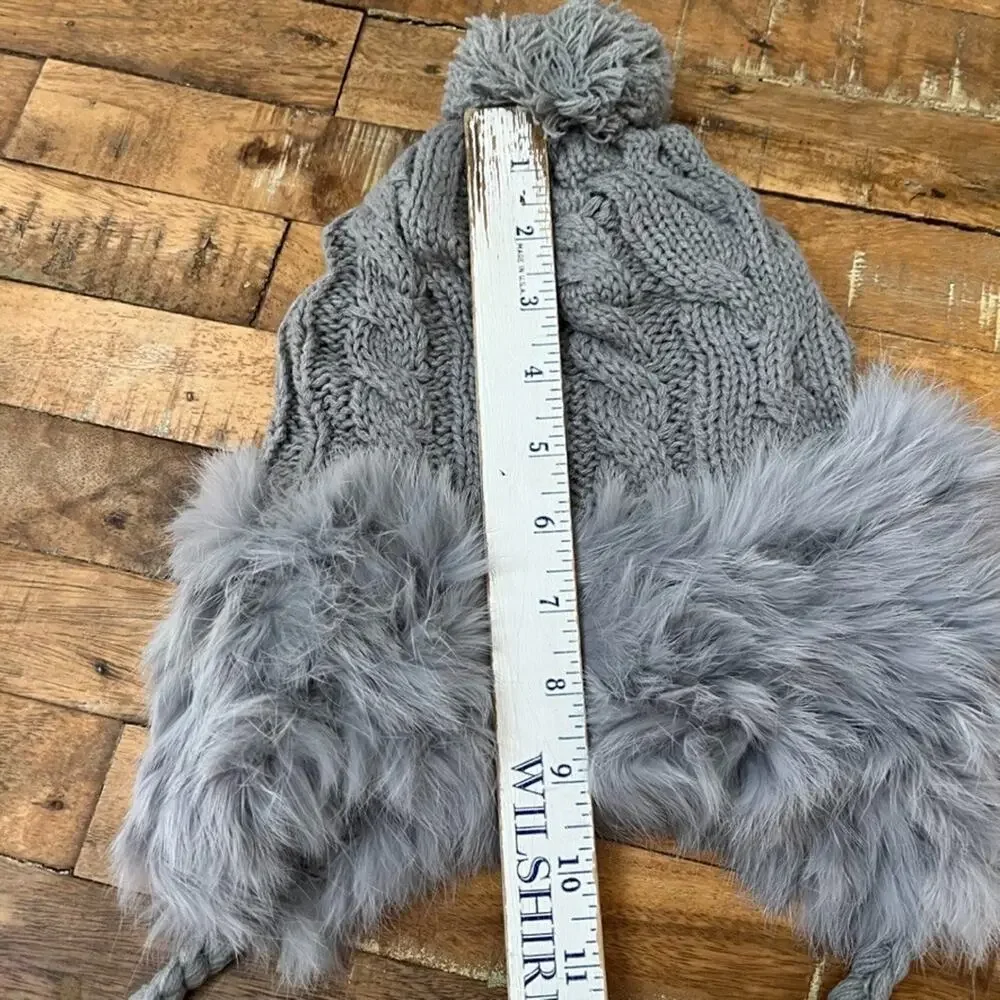 Gray Women's Trapper-Style Hat Braided Cable Knit Genuine Fur Trim